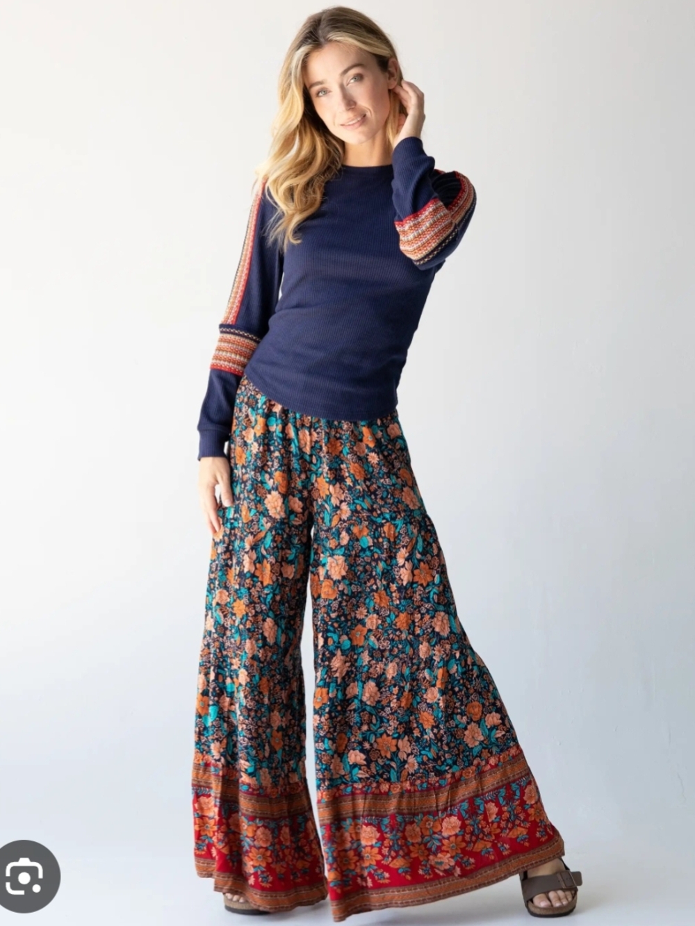 NATURAL LIFE Black Floral Wide-Leg Pants with Teal & Rust Accents